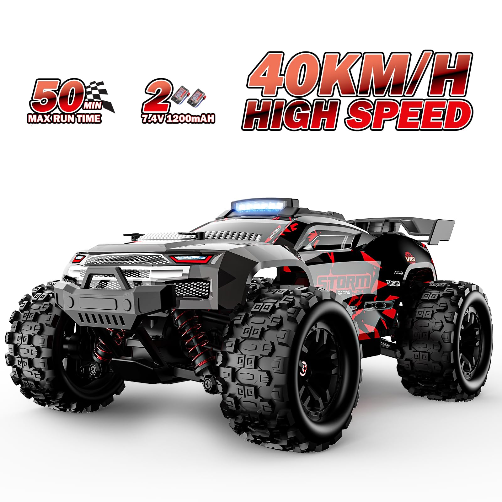 KGF remote control car 1:18 all terrain rear view highlights sturdy chassis.