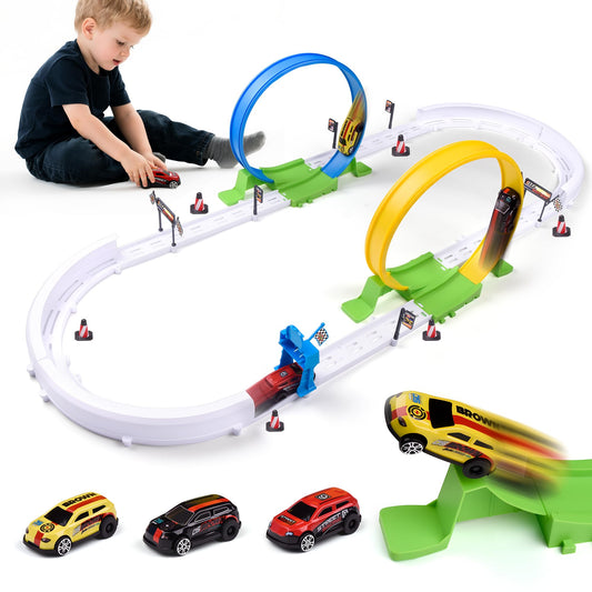 Kiapeak slot car track with two loops for thrilling in room racing