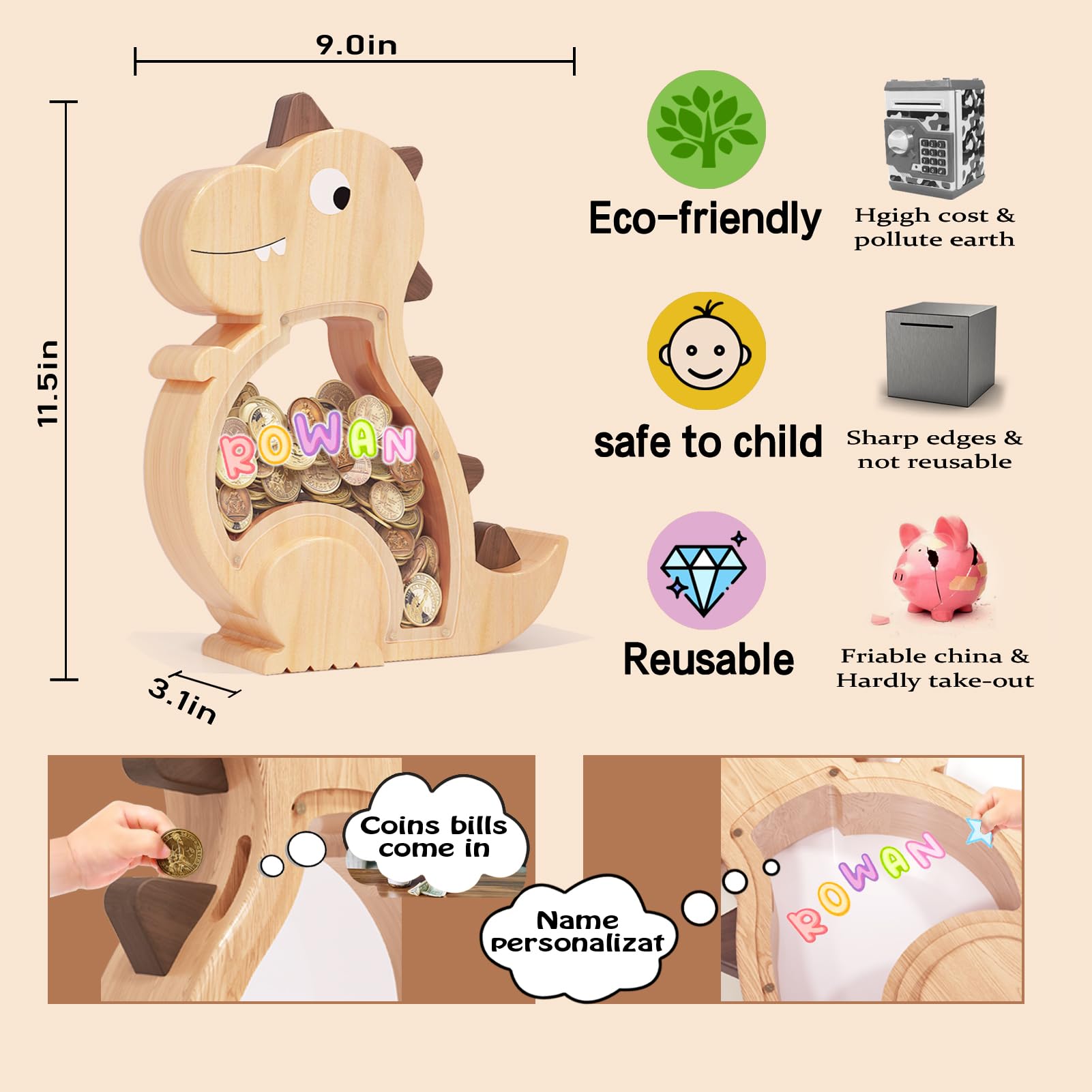 Kibelly wooden dinosaur bank held by child, inviting saving
