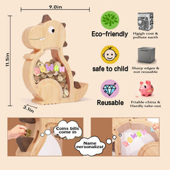 Kibelly wooden dinosaur bank held by child, inviting saving