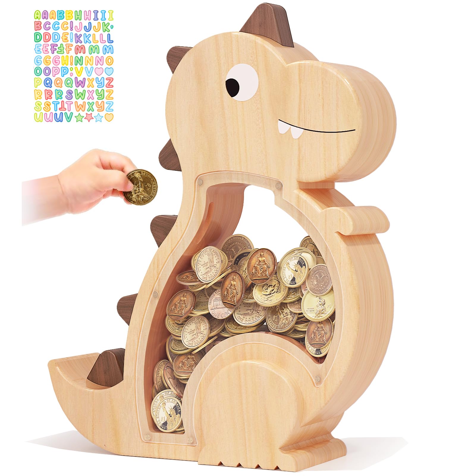 Kibelly wooden dinosaur piggy bank front view for learning saving habits