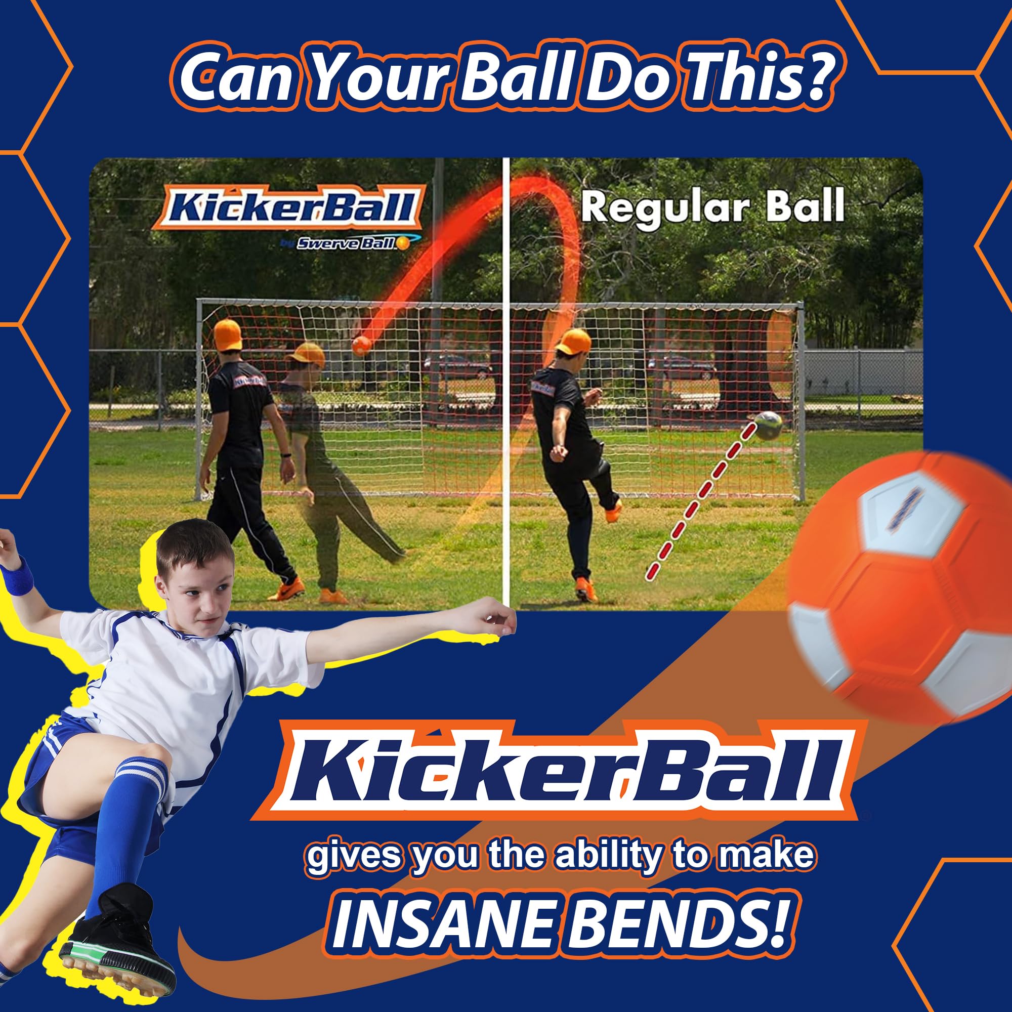 Kickerball aerodynamic-panel design improves control and durable performance during games.
