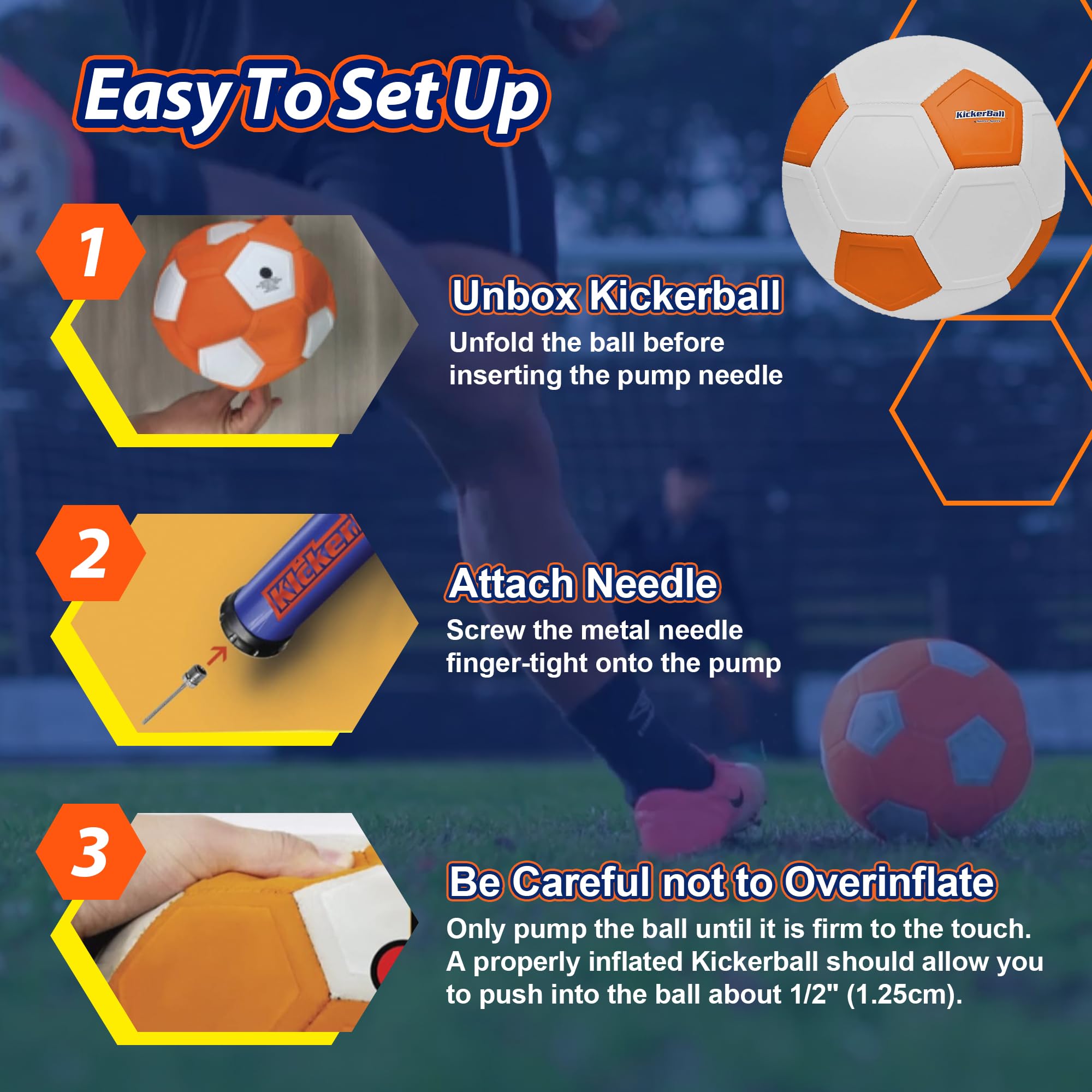 Kickerball proprietary panels elevate curving shots during beach, backyard, or field sessions.