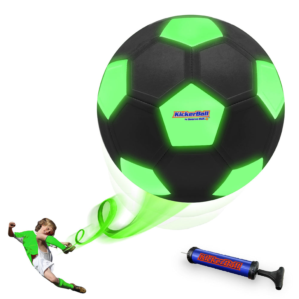 Kickerball swerve panel close-up shows curved flight for training.