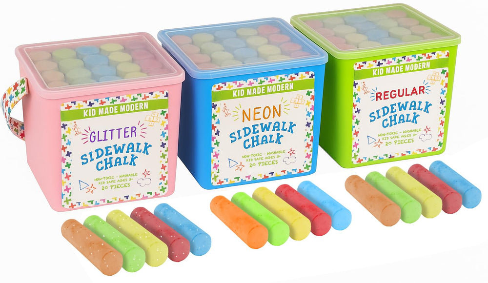 Kid Made Modern 60-piece sidewalk chalk variety pack packaging shows three chalk types for versatile outdoor art.