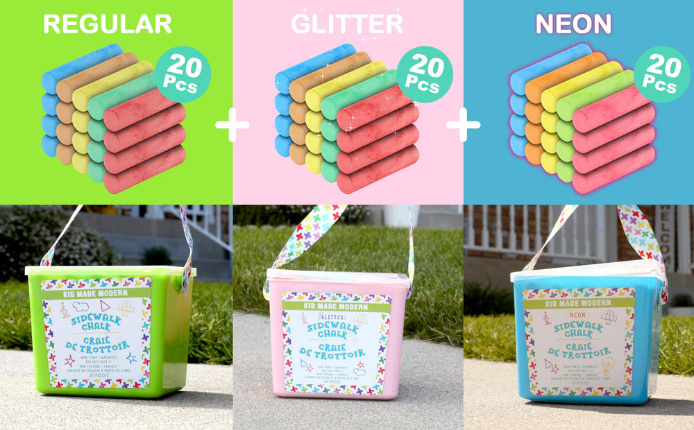 Kid Made Modern neon chalk sticks provide bright accents for bold outdoor drawings.
