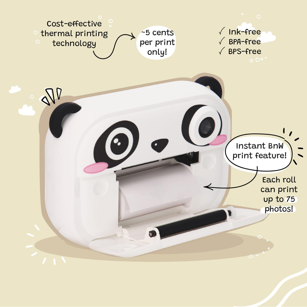Kidamento instant print camera back view highlighting simple controls and grip.