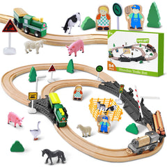 KIDBEST wooden train track set for toddlers with 54 pieces for imaginative farm play.