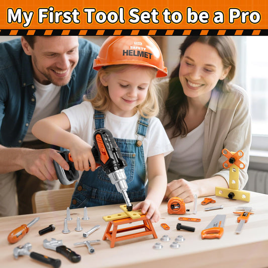 KidBloom toy drill rotates to simulate real work during imaginative play.