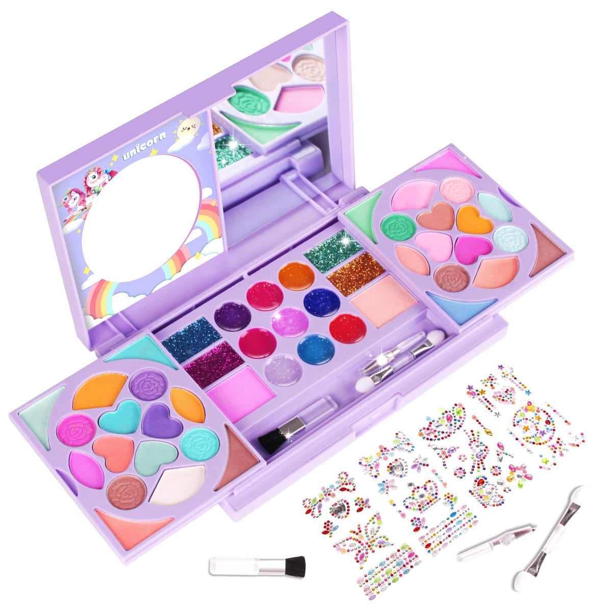 KidCheer makeup palette for imaginative play, featuring 36 eye shadows, 9 lip glosses, and 2 blushes.