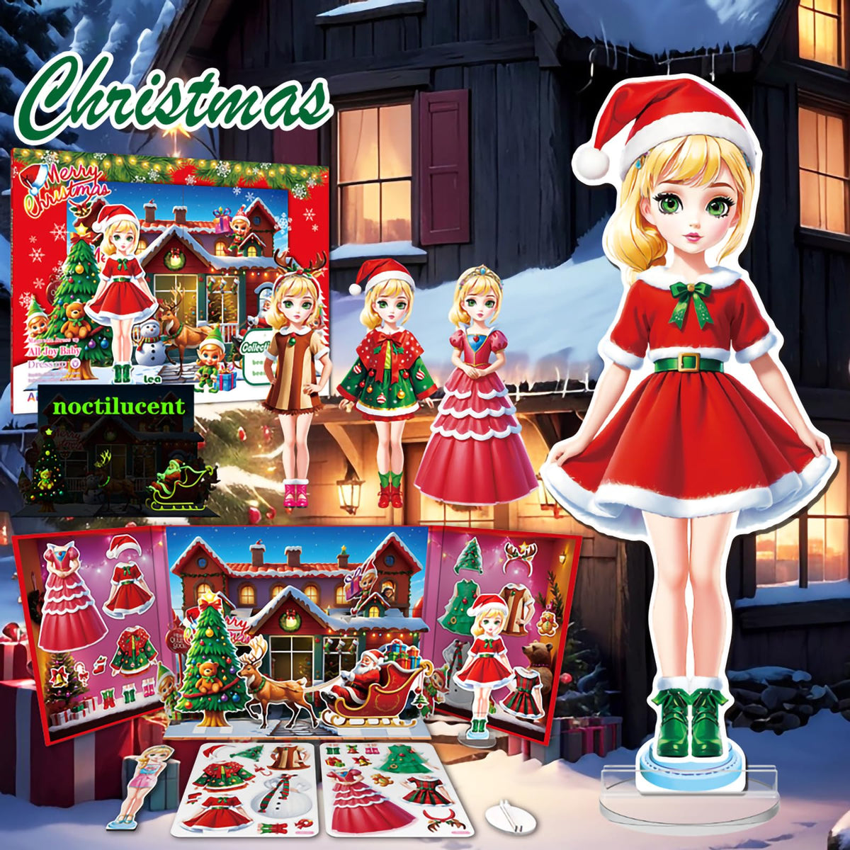 Kidcraft Christmas dress-up dolls with a 3D winter scene for imaginative storytelling.
