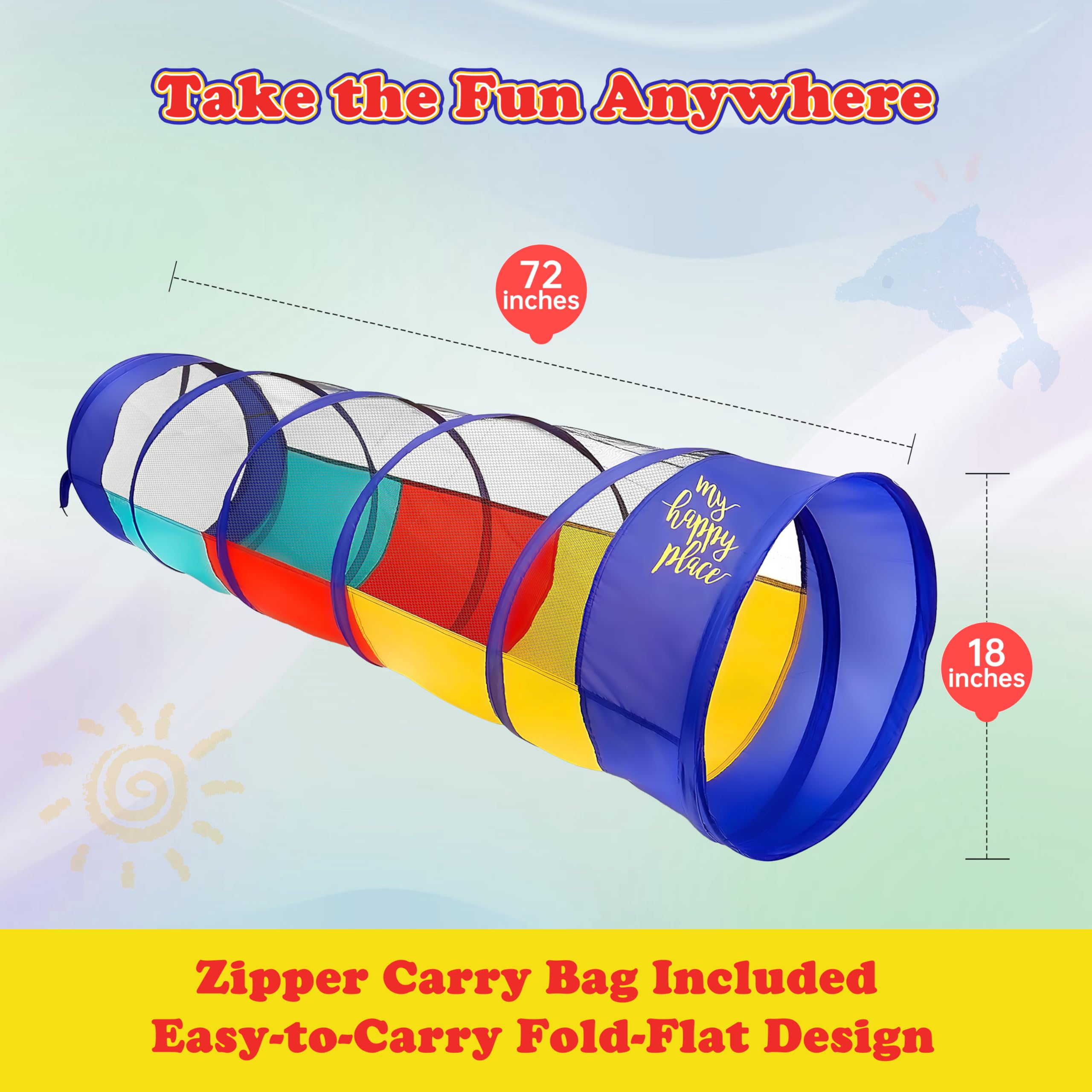 Kiddey 18x72 inch play tunnel provides a bright, inviting space.
