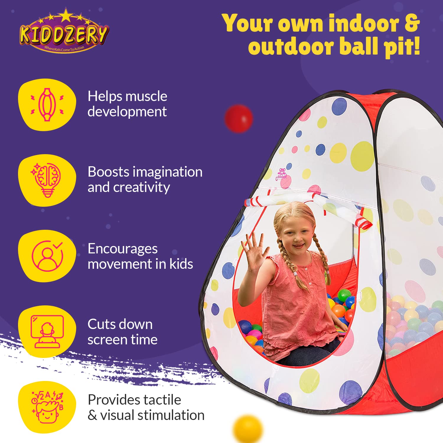 Kiddey ball pit features mesh windows and tie-back doors