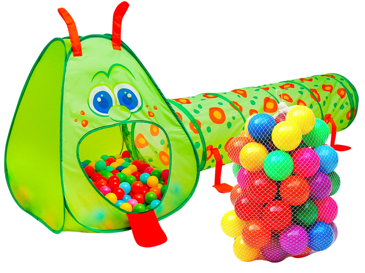 Kiddey caterpillar tunnel with balls setup for indoor play sessions.