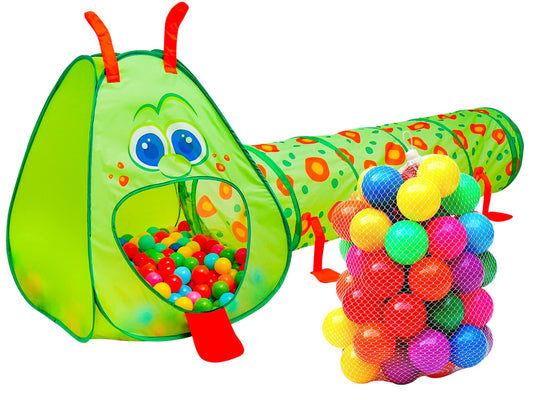 Kiddey caterpillar tunnel with balls setup for indoor play sessions.