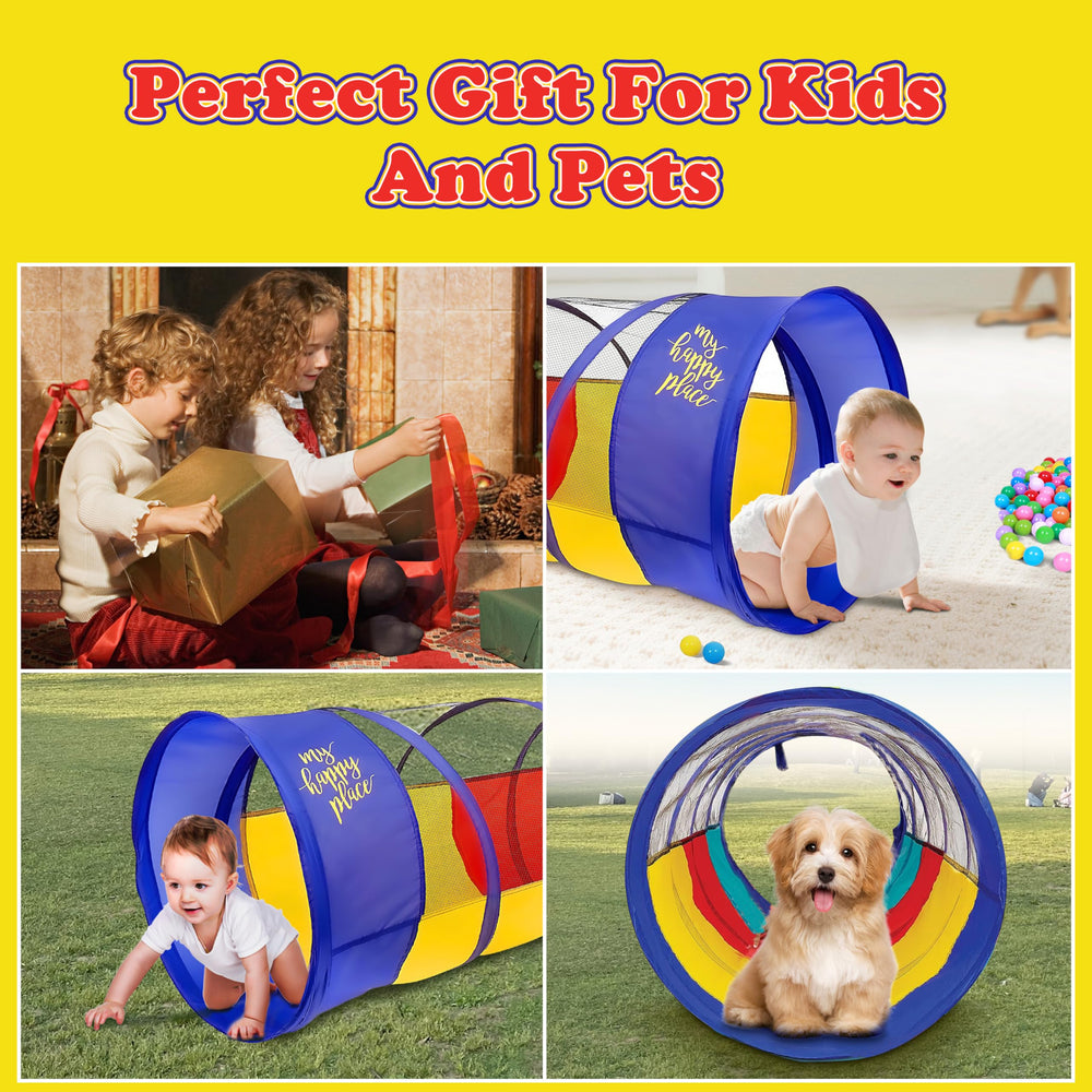 Kiddey colorful crawling tunnel for toddlers and small dogs.
