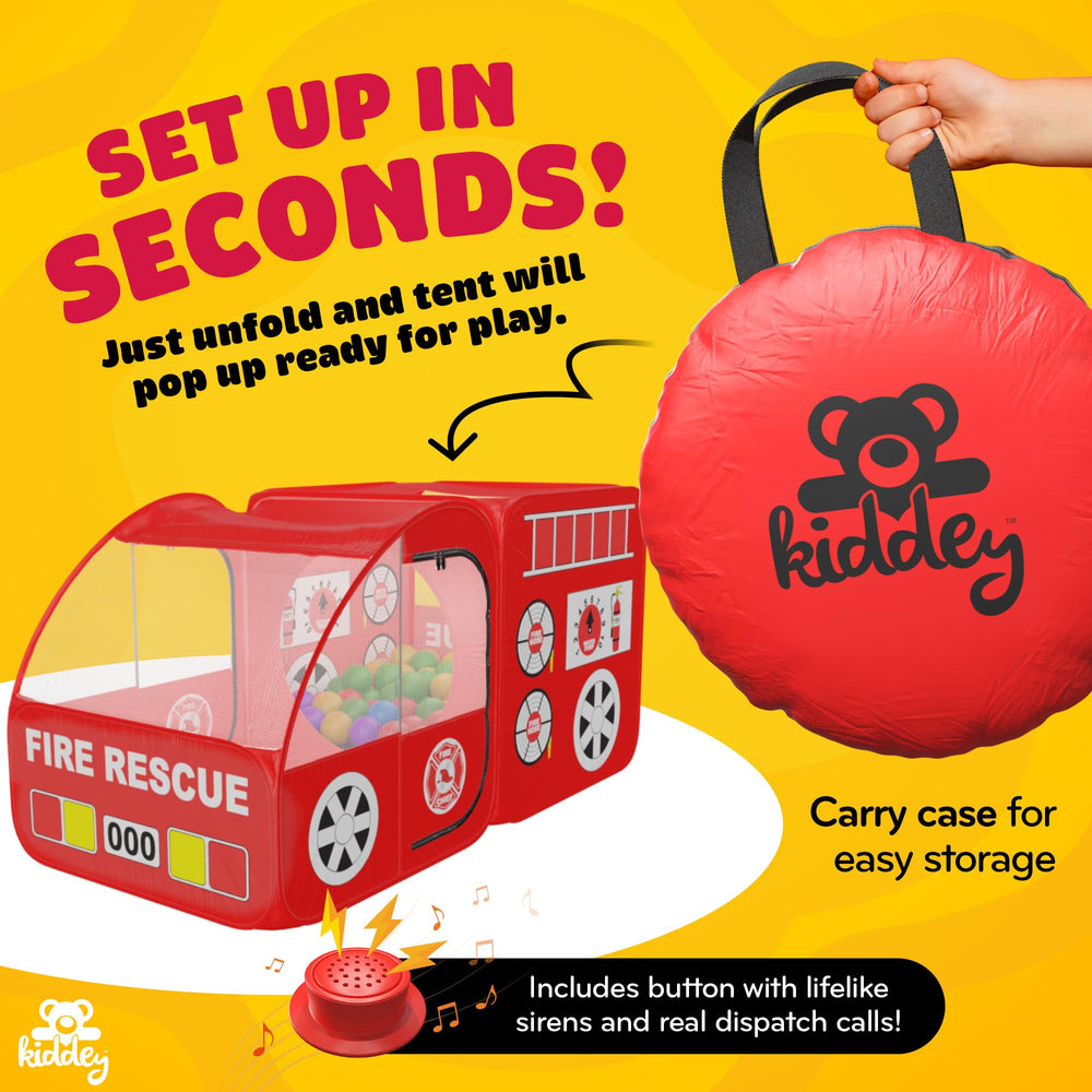 Kiddey Fire Truck Tent dispatch calls enhance imaginative scenarios.