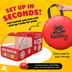 Kiddey Fire Truck Tent dispatch calls enhance imaginative scenarios.