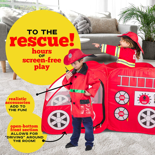 Kiddey Fire Truck Tent with firefighter costume boosts role-play and confidence.