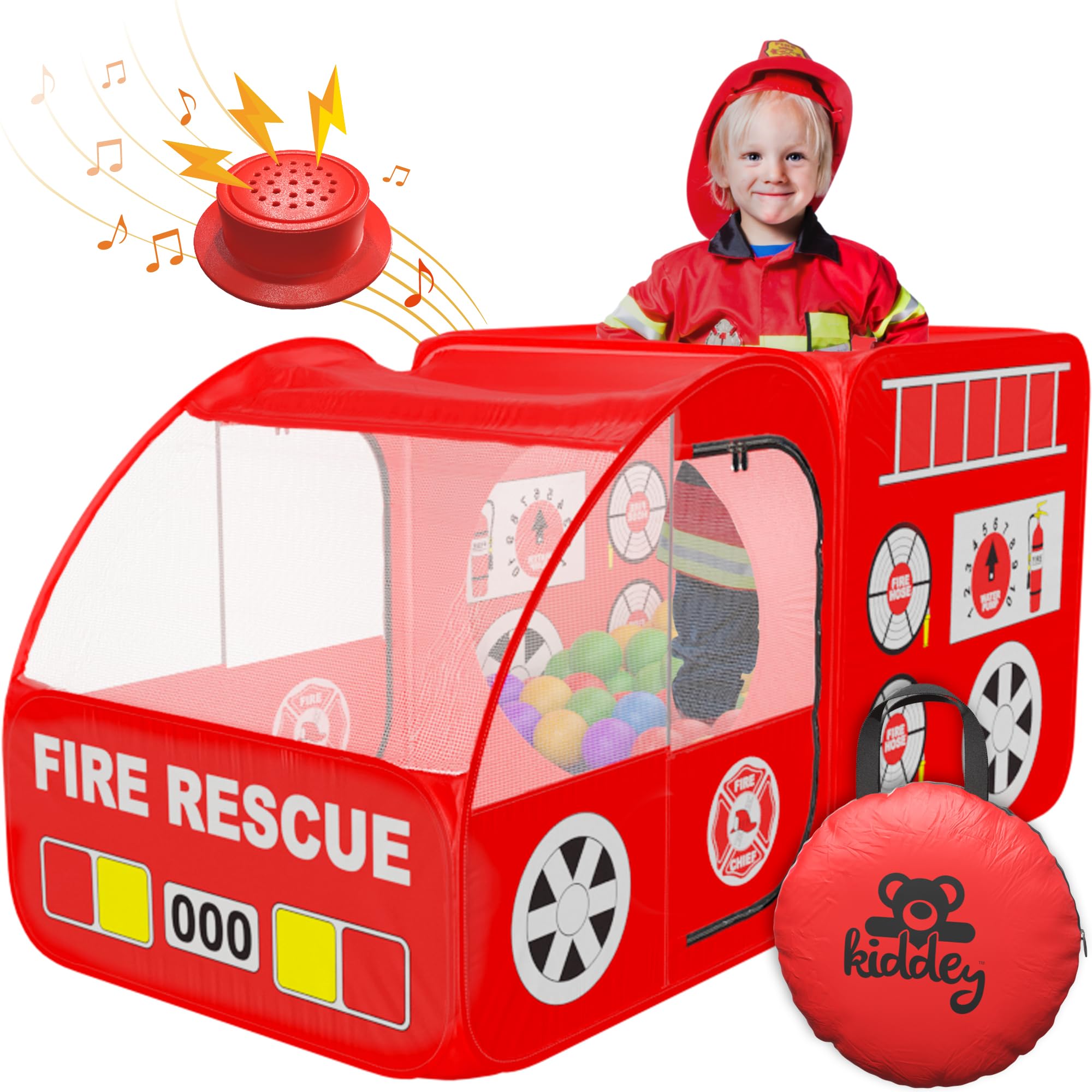 Kiddey Fire Truck Tent front view sparks imaginative rescue play indoors and outdoors.