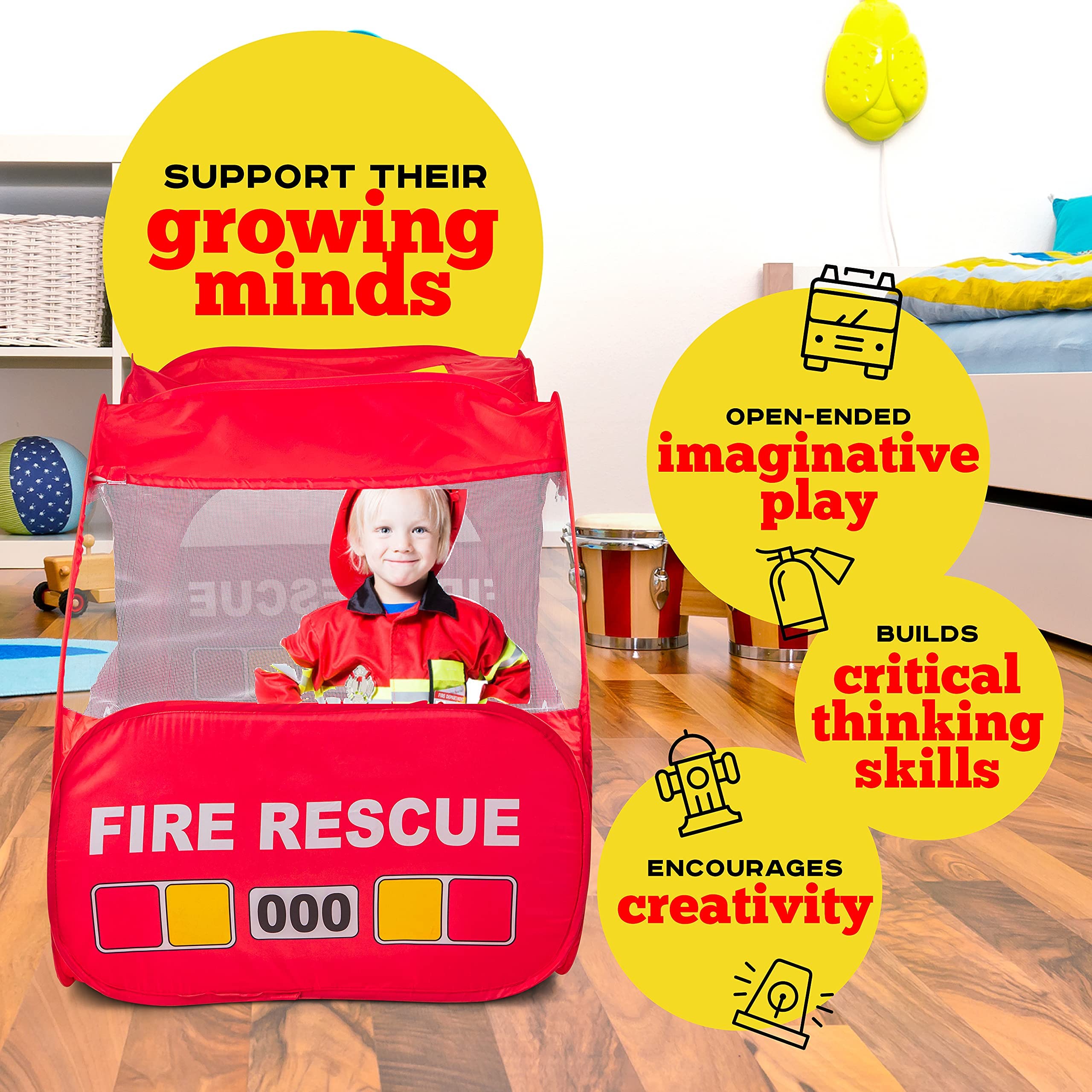 Kiddey Fire Truck Tent pops up quickly for instant indoor play.