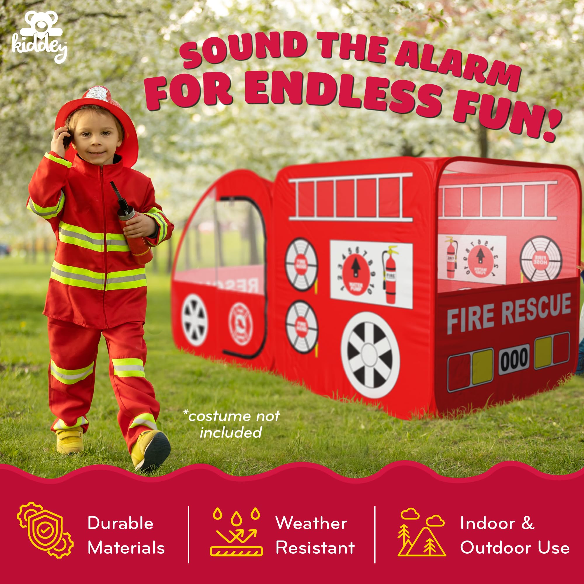 Kiddey Fire Truck Tent pop-up setup saves time for quick play.