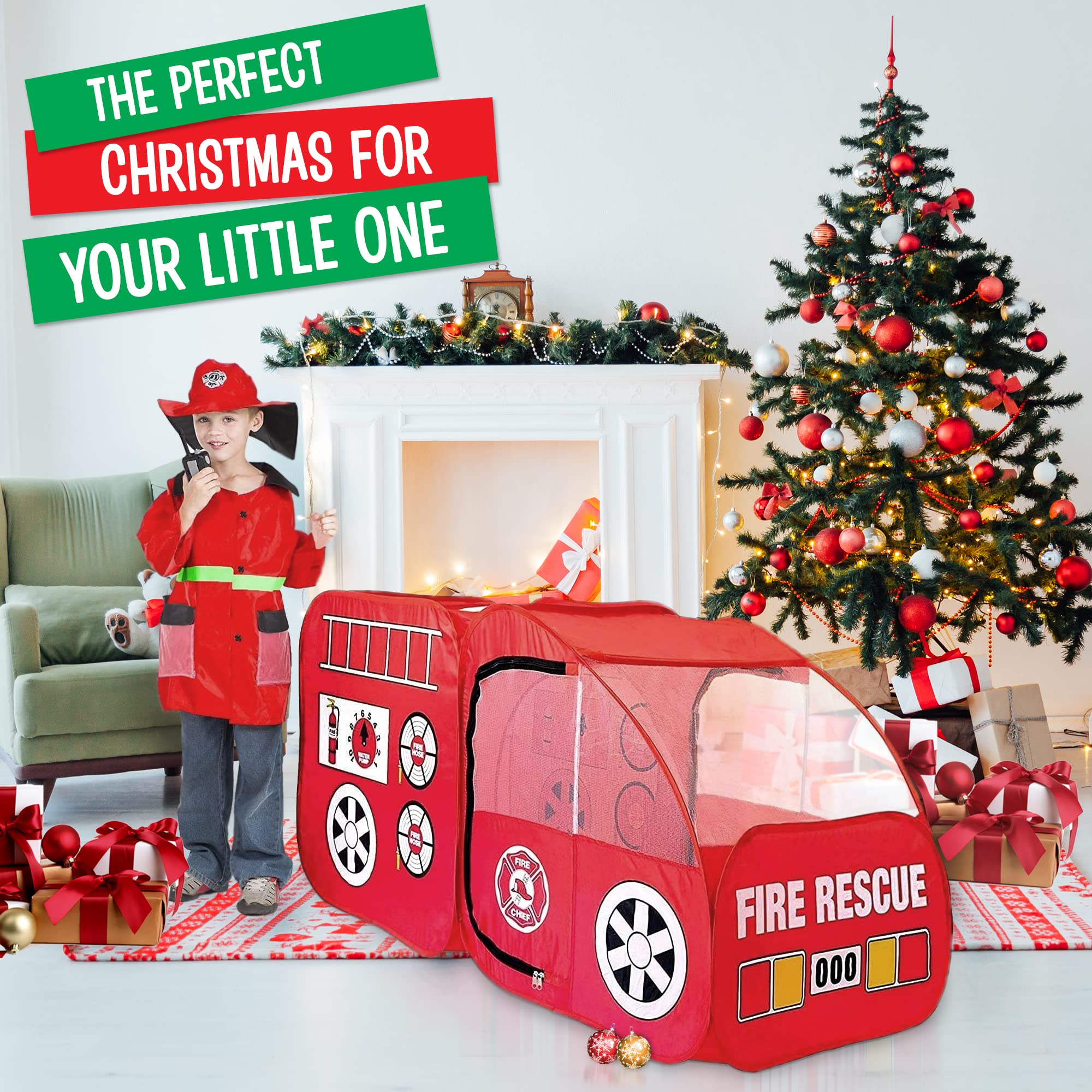 Kiddey Fire Truck Tent fits multiple kids for cooperative games.