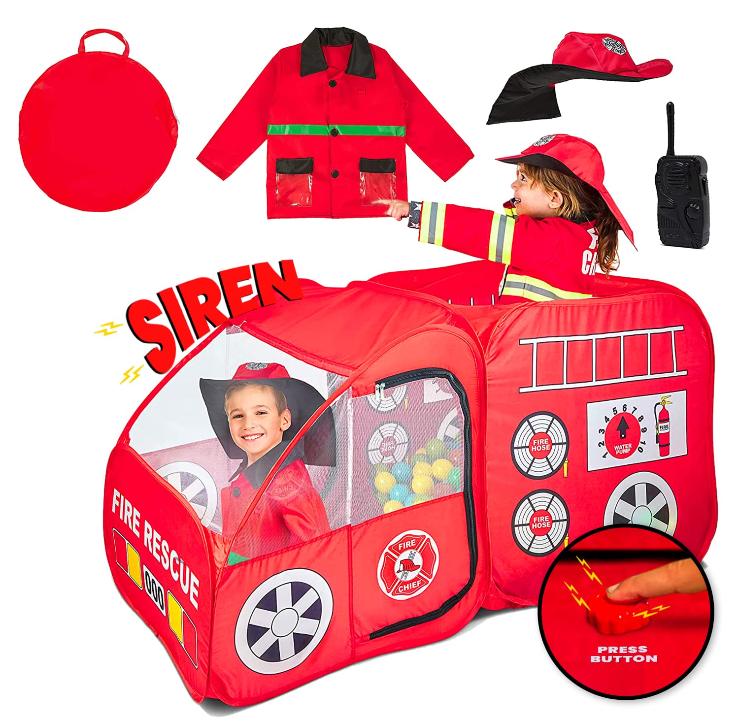 Kiddey Fire Truck Tent with siren button sparks imaginative firefighting play.