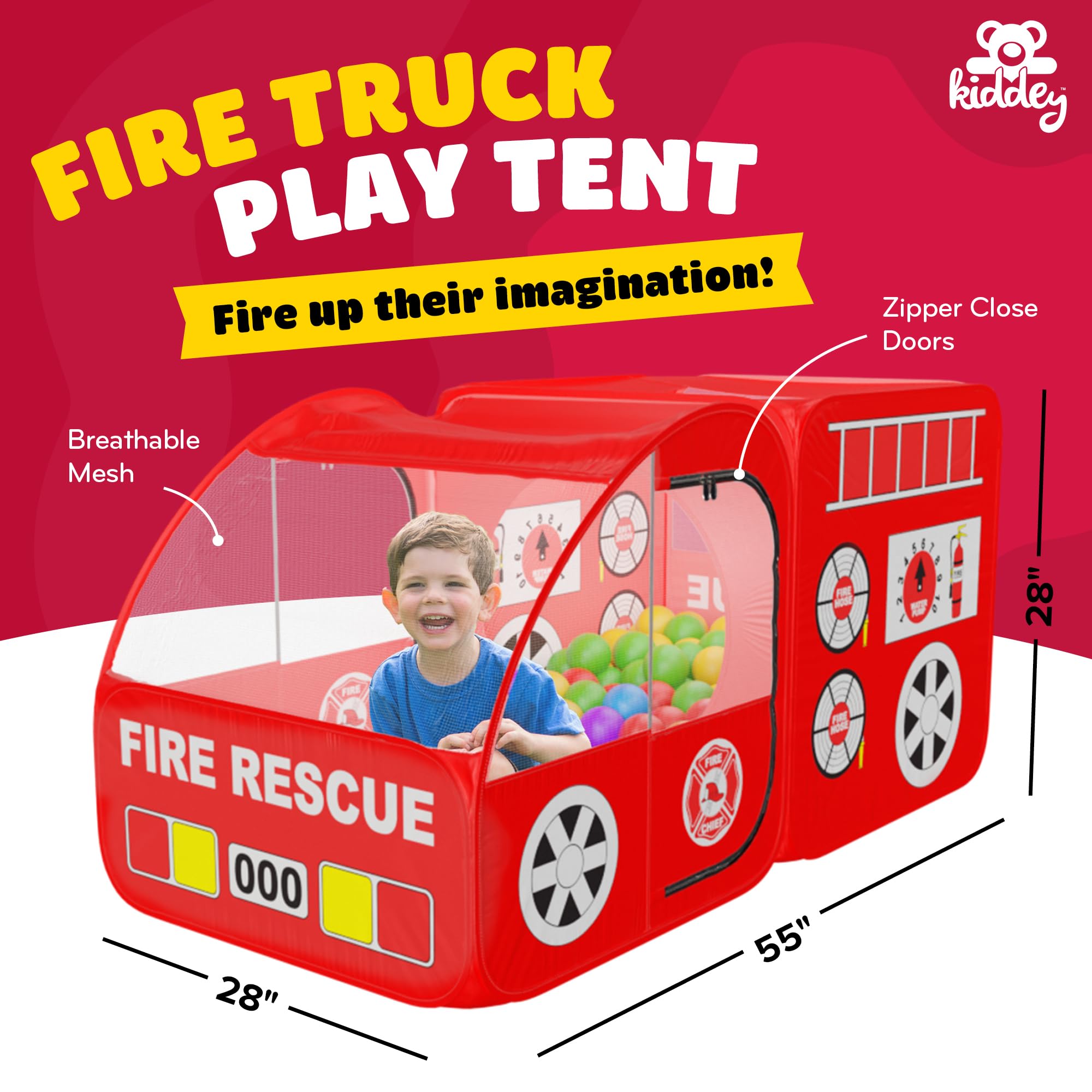 Kiddey Fire Truck Tent siren button prompts authentic pretend play.
