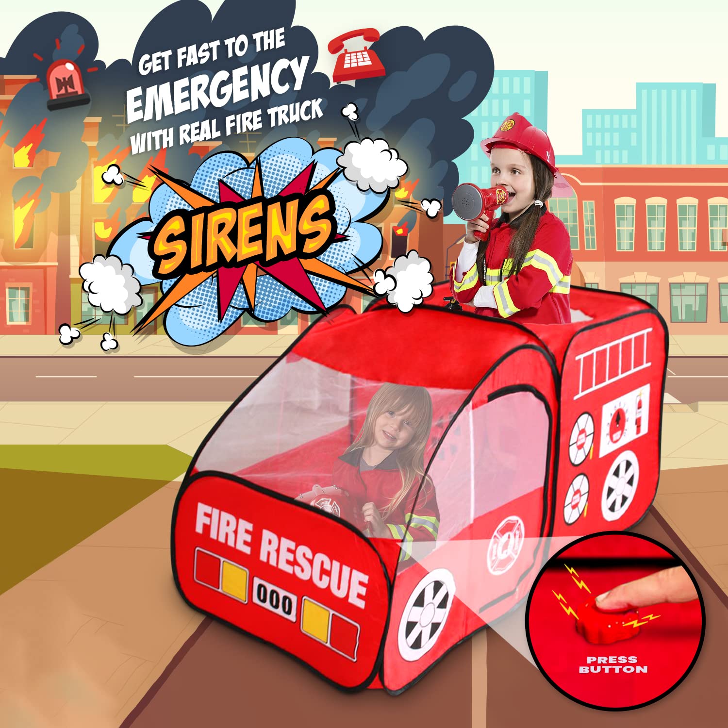 Kiddey Fire Truck Tent includes walkie-talkie for pretend rescue missions.