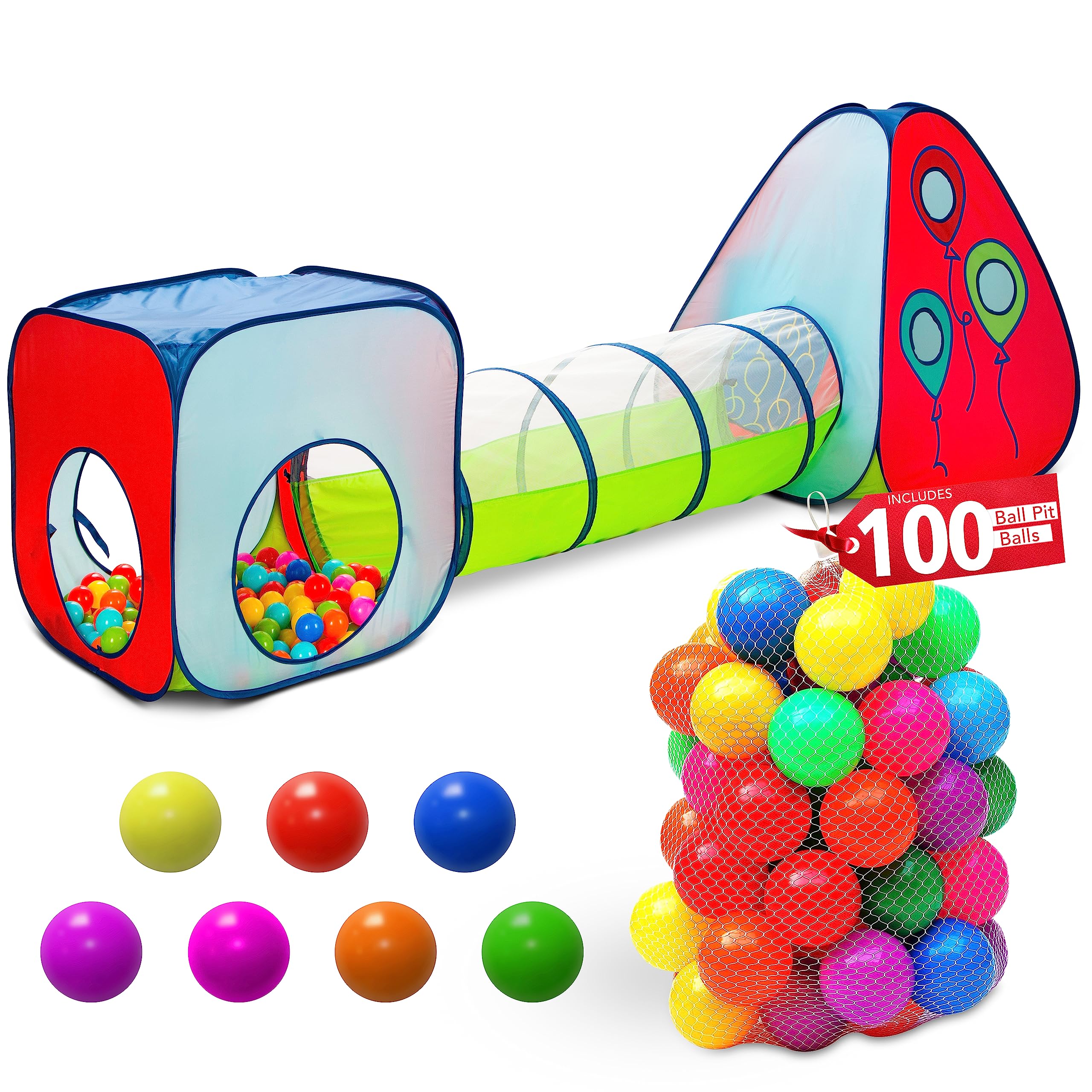 Kiddey tunnel and ball pit play tent assembled for convenient home setup.
