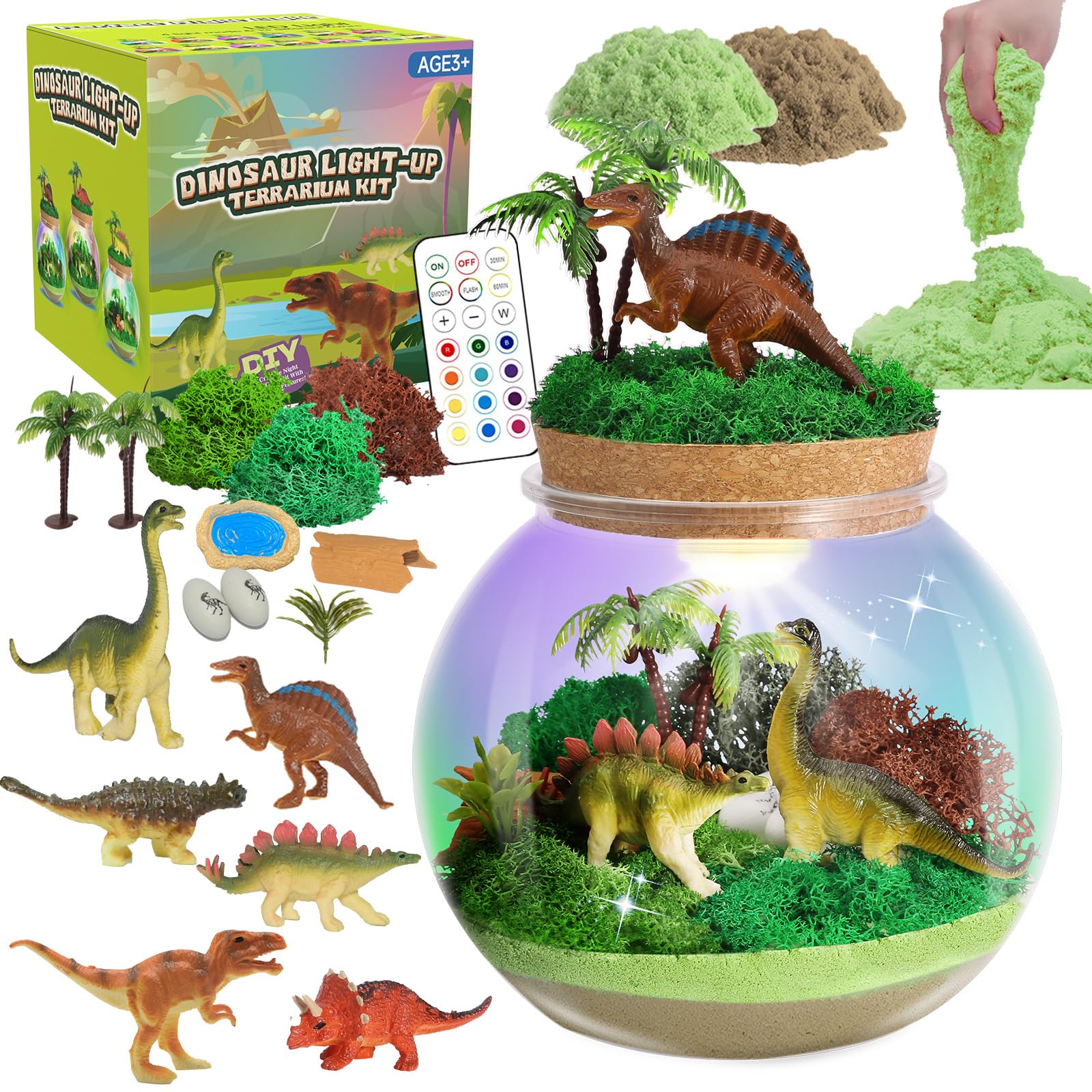 Kiddgroo dinosaur light-up terrarium jar showing a vibrant play scene.