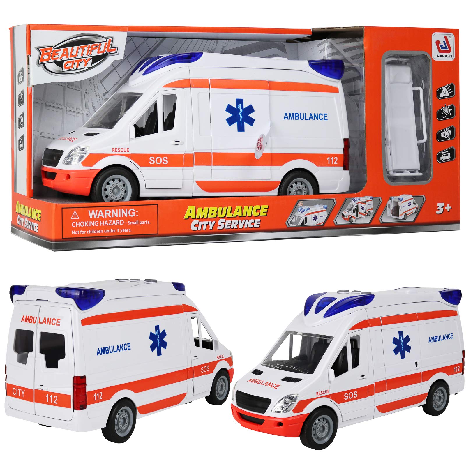 Kiddie Play ambulance is a 1:16 scale for compatible play sets.