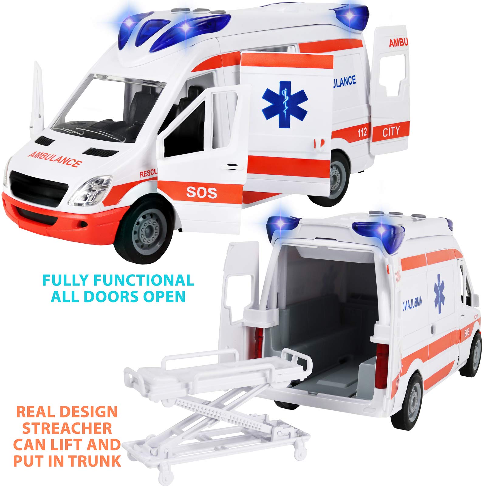 Kiddie Play ambulance features siren lights and authentic sounds.