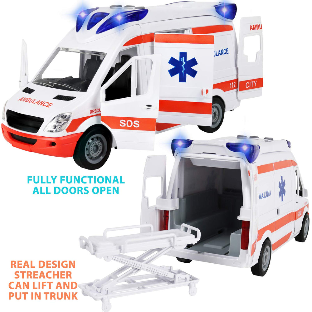 Kiddie Play ambulance features siren lights and authentic sounds.