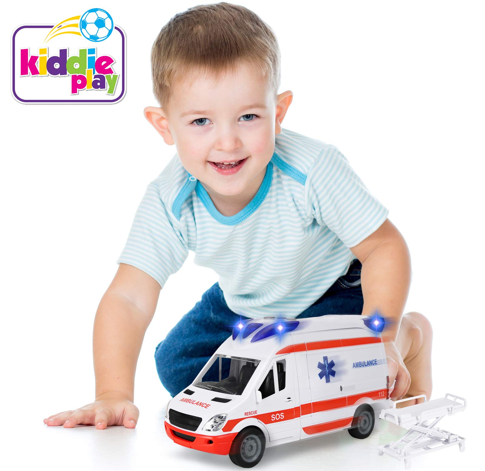 Kiddie Play ambulance stretcher expands for patient transfer pretend-play.