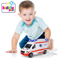 Kiddie Play ambulance stretcher expands for patient transfer pretend-play.