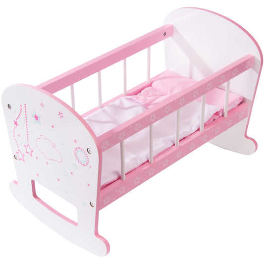 Kiddie Play baby doll cradle, wooden bed for 18-inch dolls, sturdy for gentle rocking.