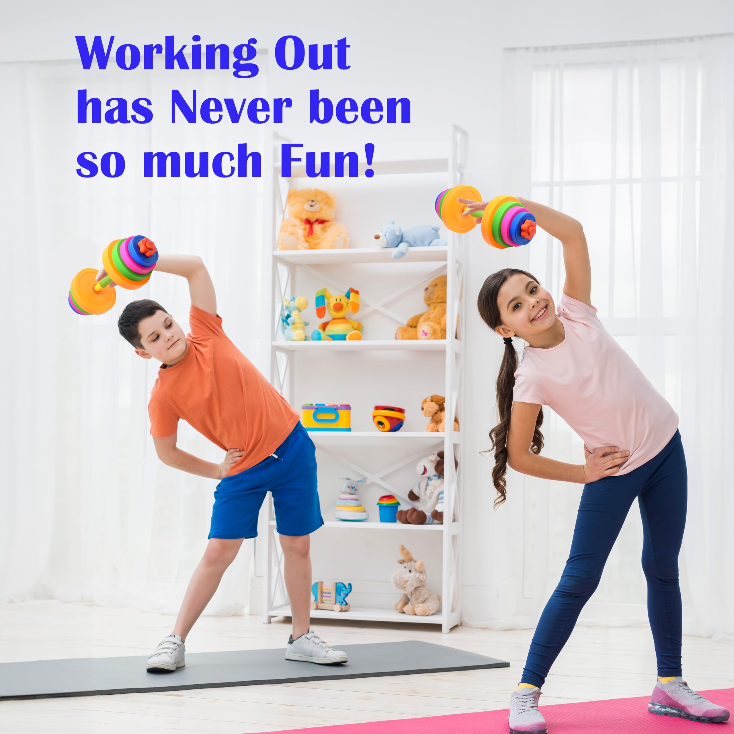Kiddie Play barbell bar with nuts keeps weights secure during pretend workouts.