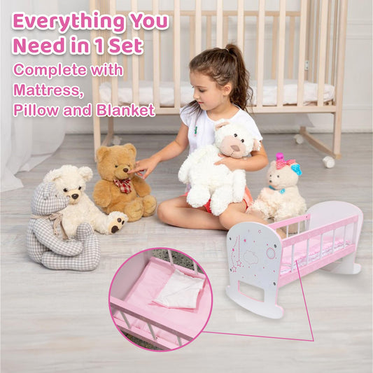 Kiddie Play doll cradle with rocking motion, ideal for storytelling and pretend sleep.