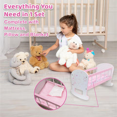 Kiddie Play doll cradle with rocking motion, ideal for storytelling and pretend sleep.