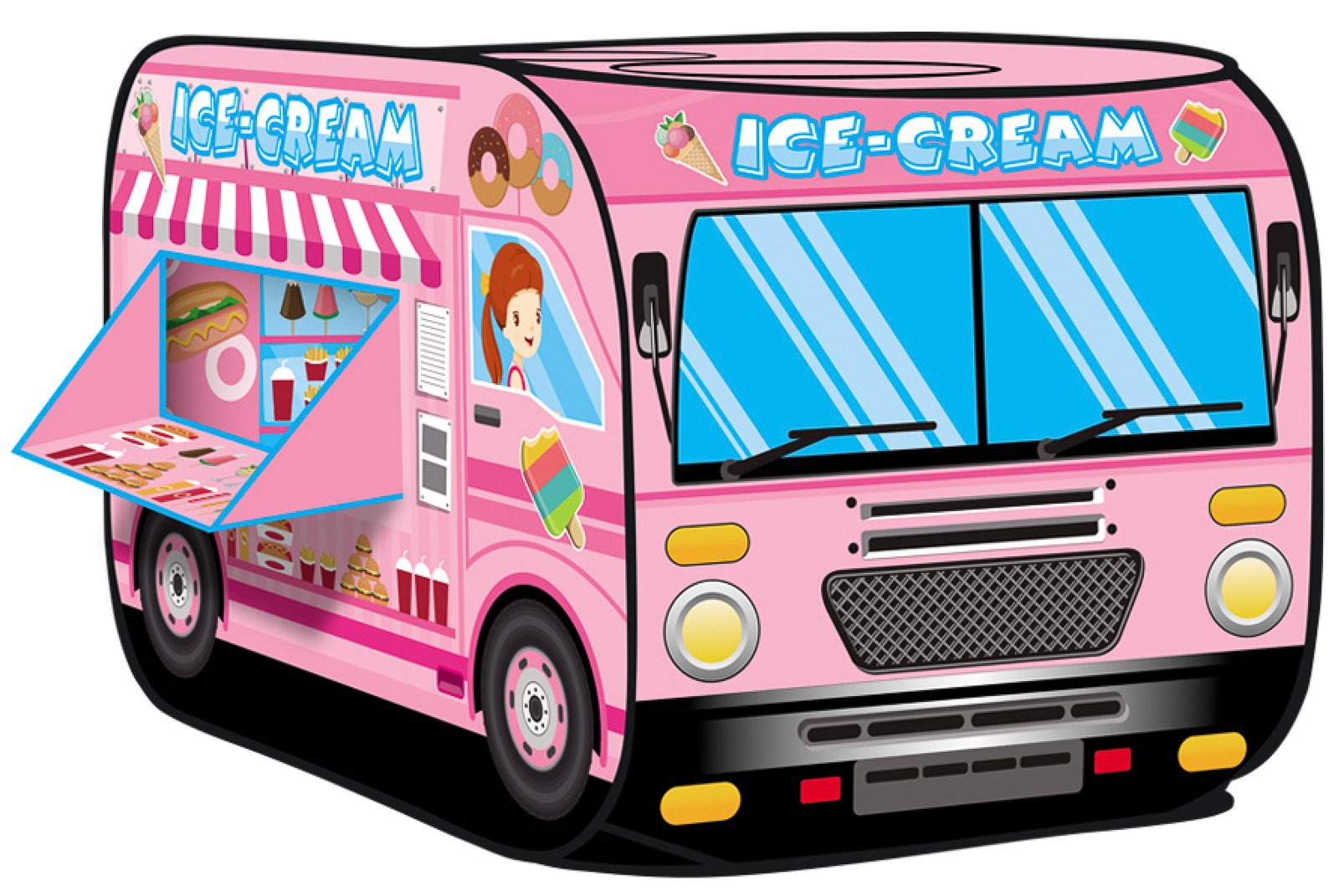 Kiddie Play ice cream truck pop-up tent front view for imaginative pretend play indoors or outdoors.