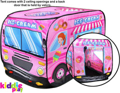 Kiddie Play ice cream truck pop-up tent pass-through window encourages interactive pretend service.