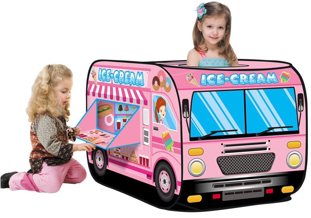 Kiddie Play ice cream truck pop-up tent steel frame provides sturdy durability.