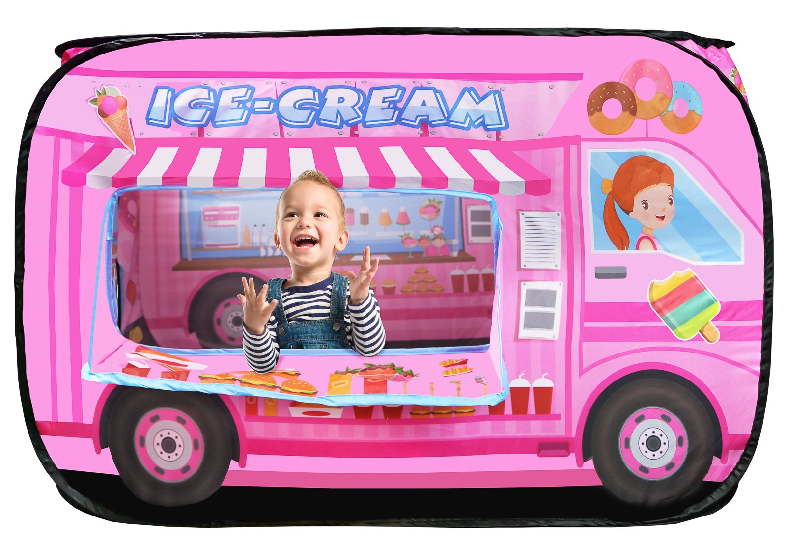 Kiddie Play ice cream truck pop-up tent two kids inside for cooperative play.