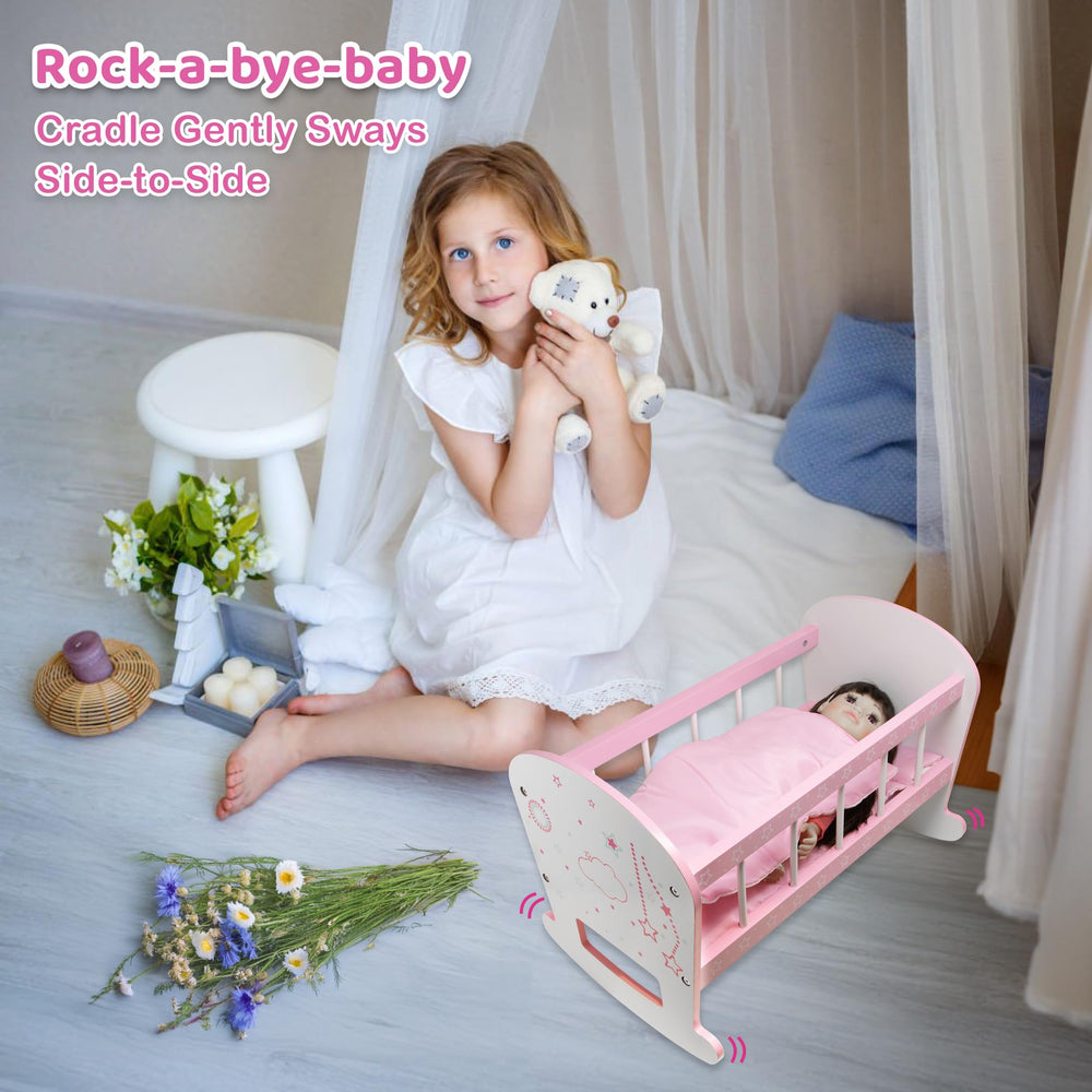 Kiddie Play pastel wooden cradle enhances playroom decor and toy storage.