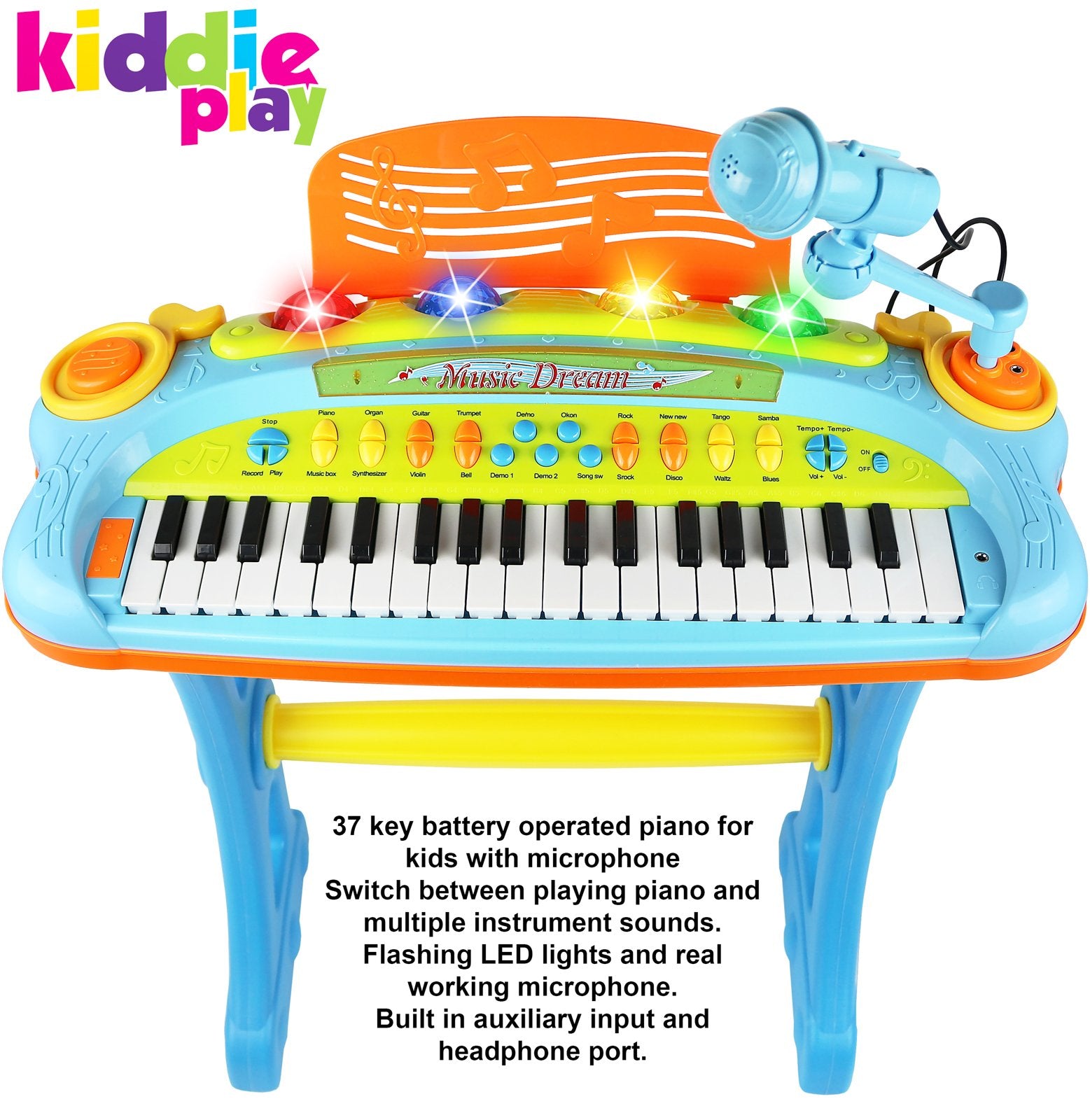 Kiddie Play offers battery or USB power for flexible play.