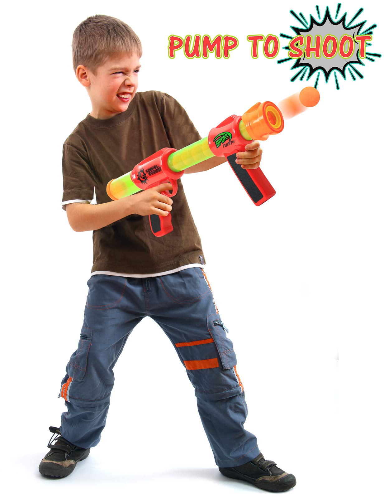 Kiddie Play pump-action foam blaster ready to fire multiple balls per squeeze.