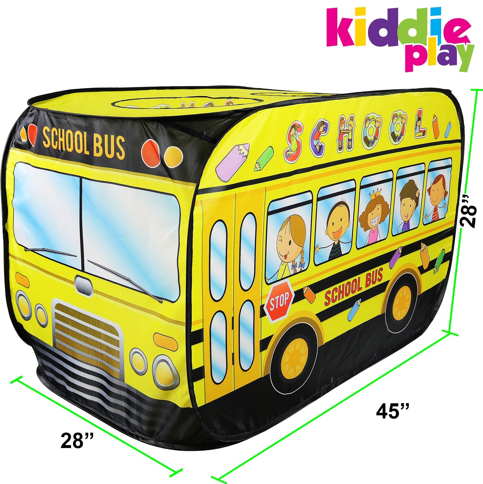 Kiddie Play school bus pop-up tent open door promotes quick access and pretend adventures.