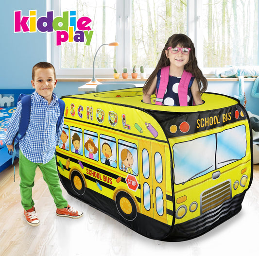 Kiddie Play school bus pop-up tent side view shows spacious interior for friends.